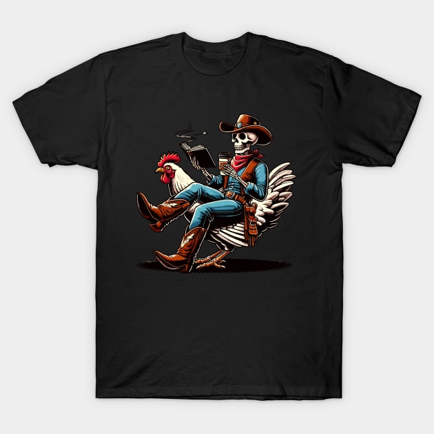 Cowboy Skeleton Reading Book And Drinking Coffee With A Chicken T-Shirt by VisionDesigner